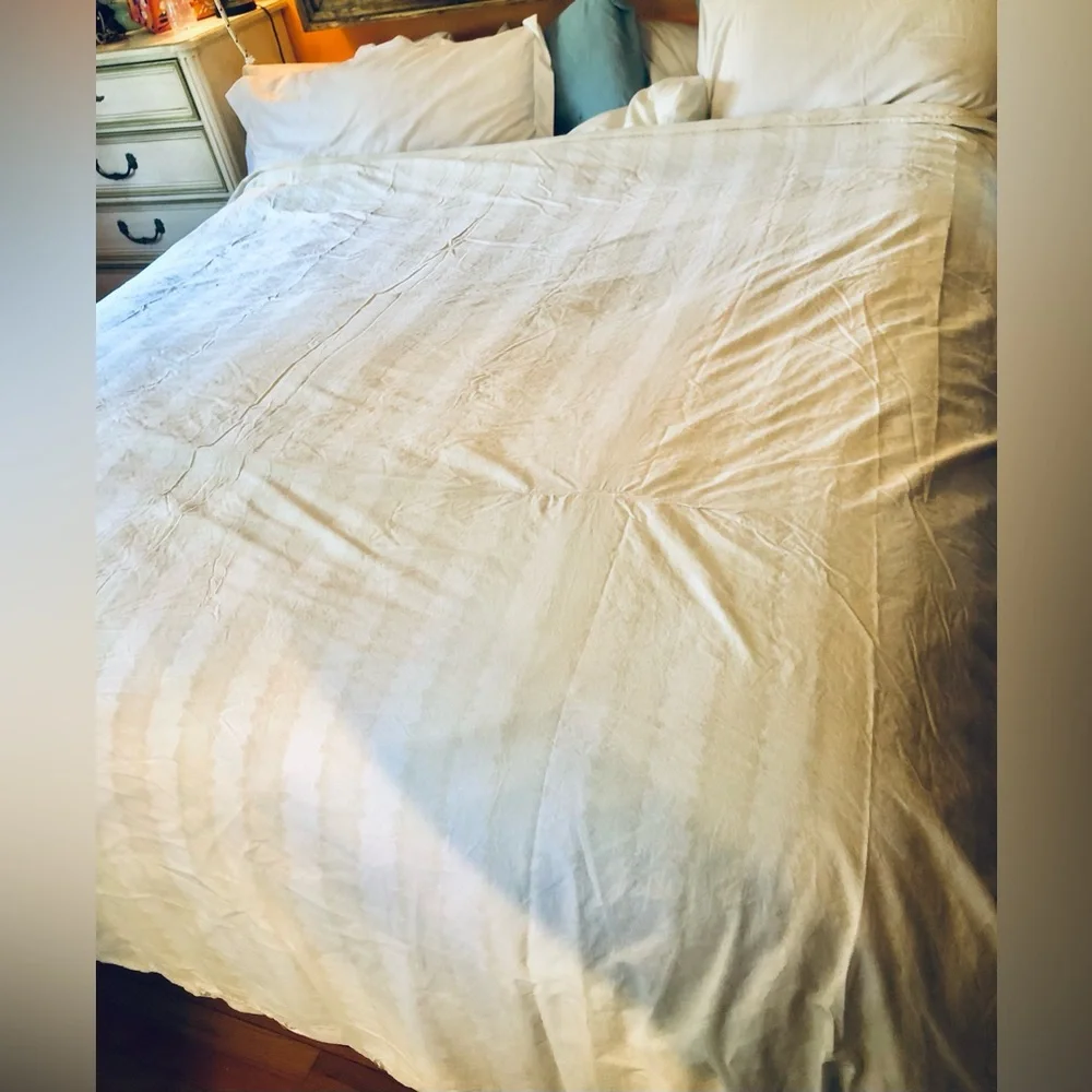 Simply Shabby Chic King Duvet Cover 100% Cotton Ivory Beige Stripe Button Close